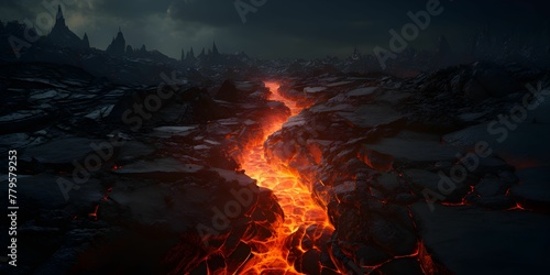 Vibrant lava stream flowing through a barren environment. AI-generated.