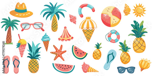 Set of cute colorful summer illustrations vector on white background.