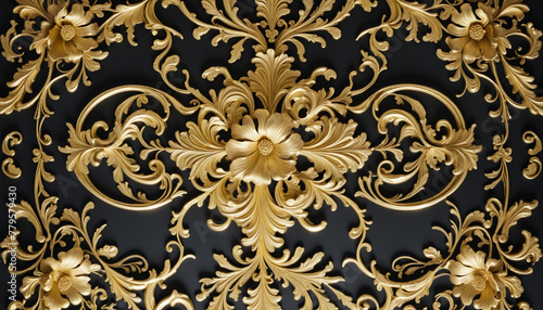 Close-up of an ornate golden baroque pattern with intricate details bright colors shadows on a dark background, showcasing luxurious design