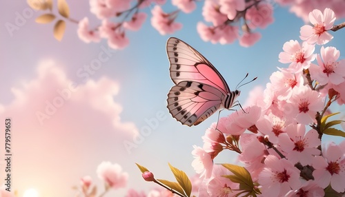 Close-Up of cherry blossom in spring with Butterfly in Garden