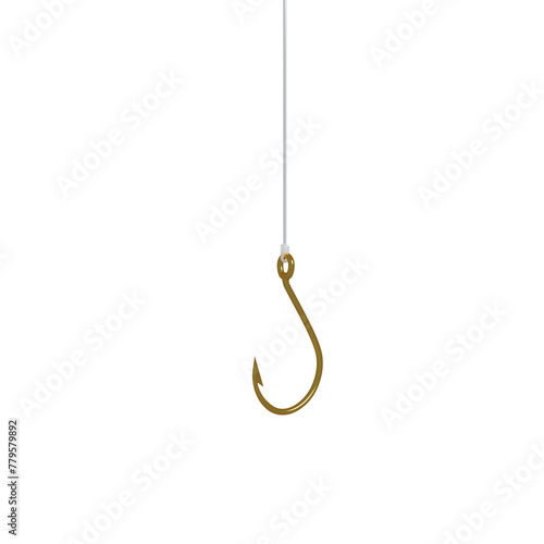 Golden fishing hook on fishing line, isolated on white background, 3D rendering.