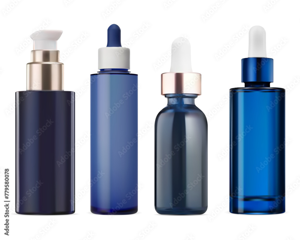 Serum dropper bottle mockup. Essential oil eyedropper flask, natural premium essence product. Blue glass packaging blank, small lotion bottle, vector isolated on white Serum dropper bottle mockup. Essential oil eyedropper flask, natural premium essence product. Blue glass packaging blank, small lotion bottle, vector isolated on white