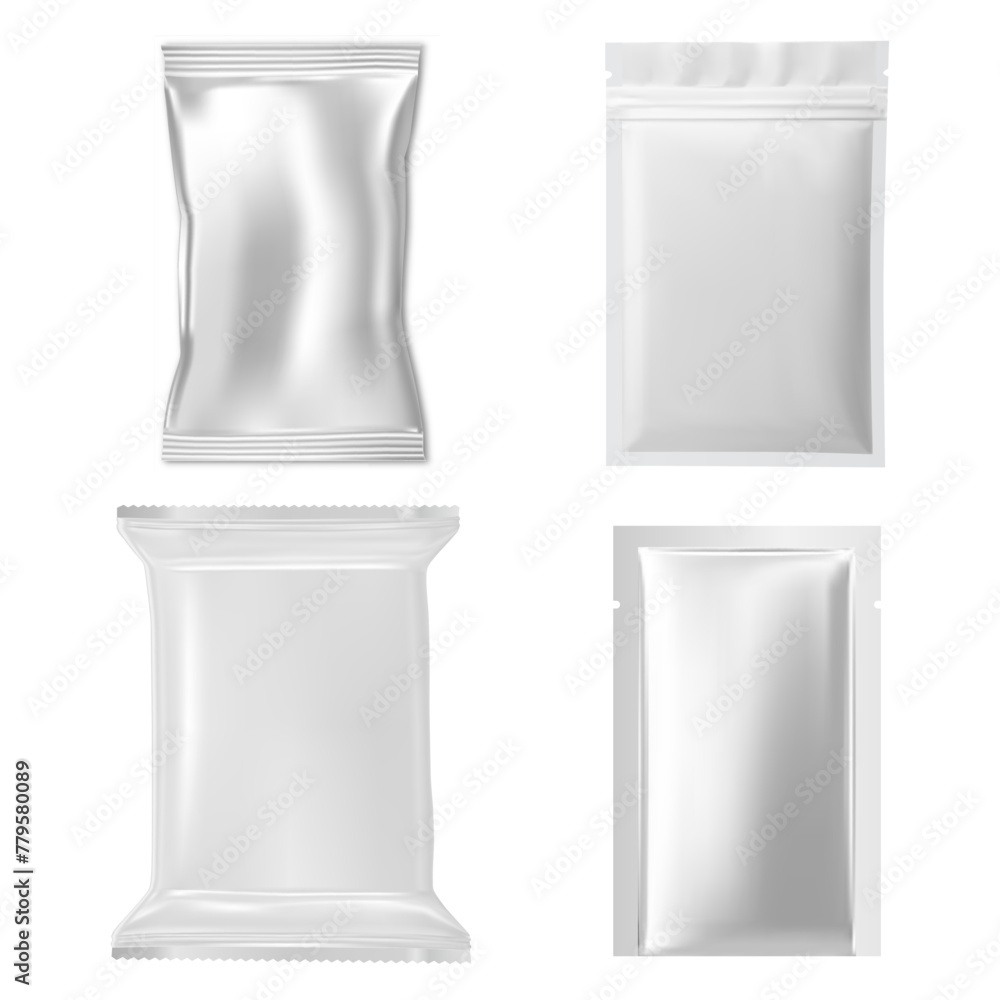Zipper foil bag mockup. Plastic pouch for paper facial mask sheet. Aluminum silver packet blank for medicine or food product. Face cosmetic beauty sachet design, vector blank - obrazy, fototapety, plakaty 