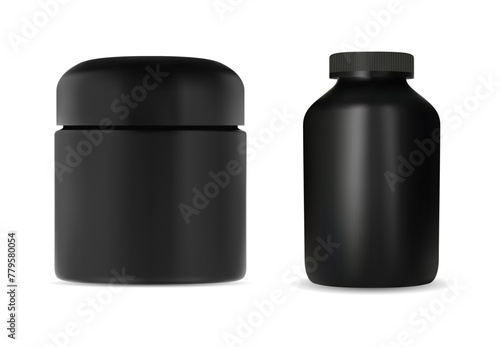 Protein jar vector blank. Supplement vitamin container design. Black plastic can template mockup, realistic cylinder muscle gainer packaging sample illustration