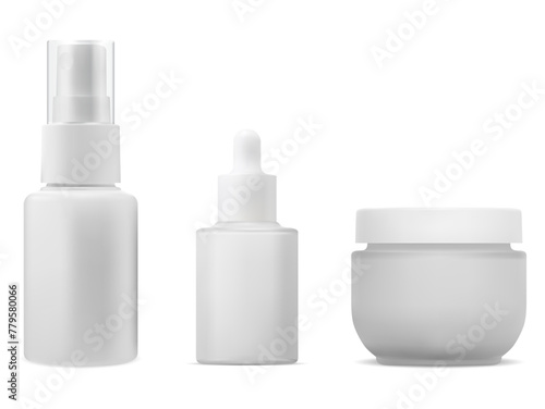 Cosmetic product bottle set mockup. Serum dropper, cream jar, small spray package. Essential oil container. Airless spray bottle for face essence. Blush powder round box, vector template