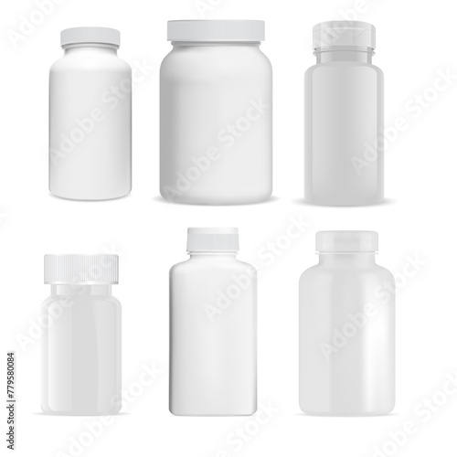 Pill bottle. Vitamin pill jar, plastic blank. Supplement tablet container design, pharmaceutical drug capsule medication illustration. Prescription pharmacy product packaging