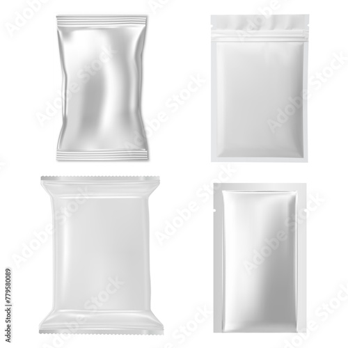 Zipper foil bag mockup. Plastic pouch for paper facial mask sheet. Aluminum silver packet blank for medicine or food product. Face cosmetic beauty sachet design, vector blank