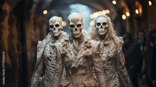 Three human skeletons wearing vintage white lace clothes. AI-generated. © Wirestock