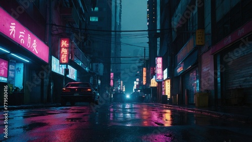 Car at the street of a dark futuristic cyberpunk city at rainy night. Dystopian megapolis with skyscrapers, wet asphalt and neon lights and reflections.