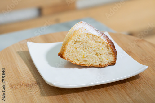 Portion of lemon sponge cake.