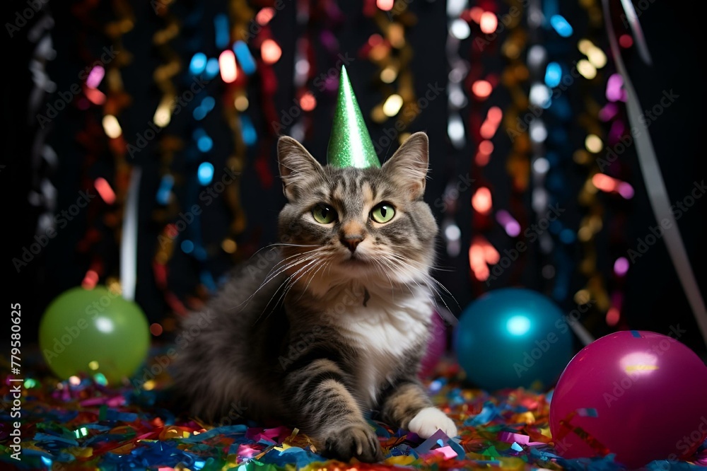 there is a cat with a party hat on lying in confetti