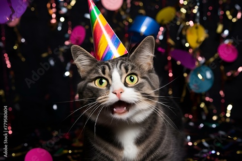 a cat wearing a party hat with balloons in the background © Wirestock