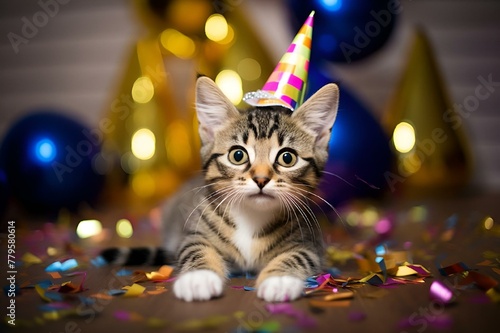 a kitten in a birthday hat surrounded by confetti