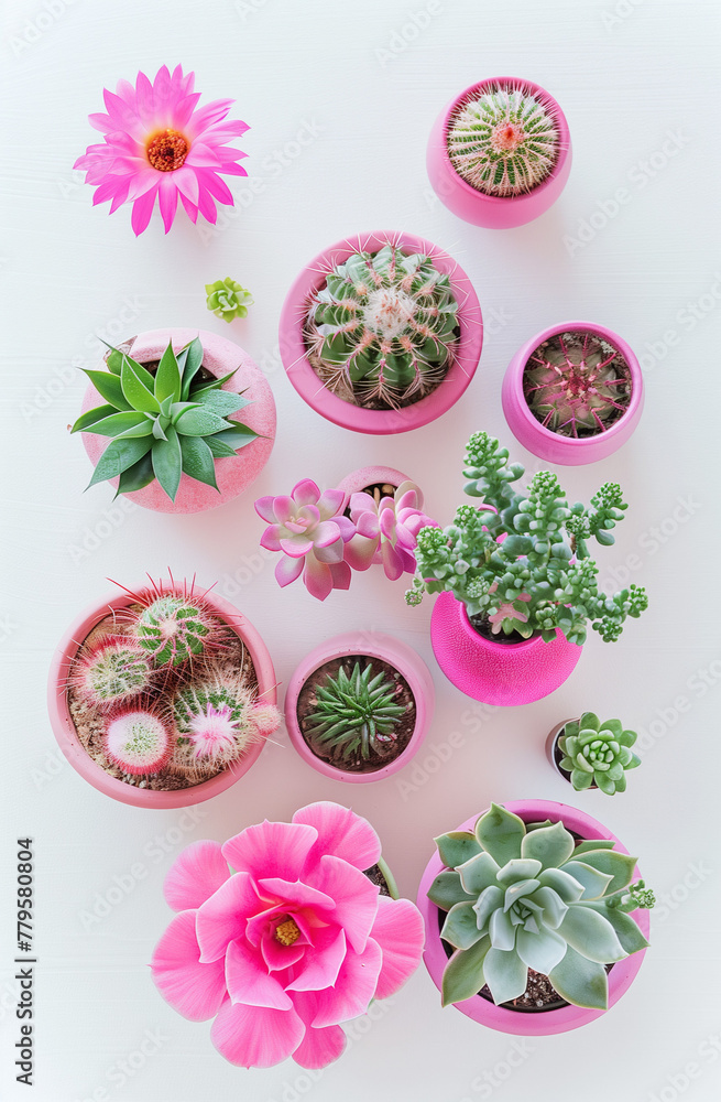 Assorted Succulents and Cacti in Pink Pots Top View Assorted Succulents and Cacti in Pink Pots Top View