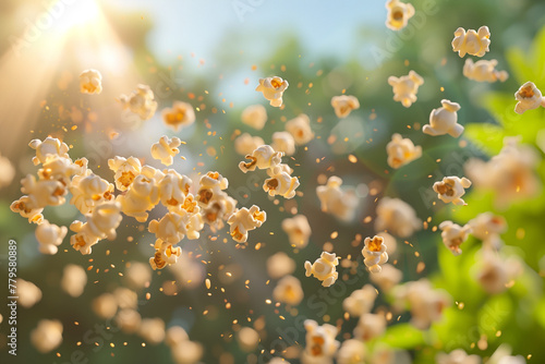 Flying Popcorn Kernels in Bright Sunlight