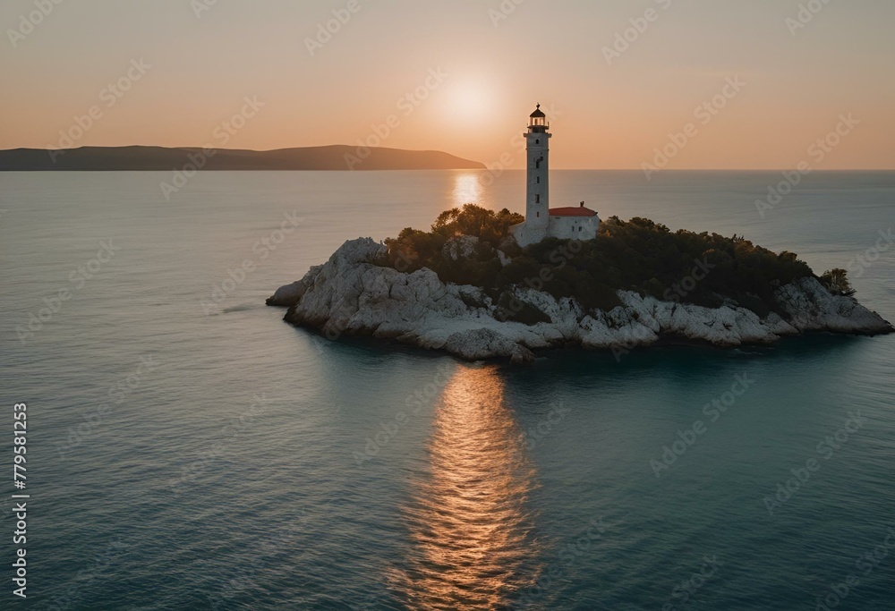AI generated illustration of a lighthouse on an island at sunset