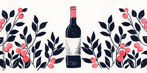 Hand drawn graphic Illustration creative poster, flyer card, banner with red wine bottle isolated on white background . 