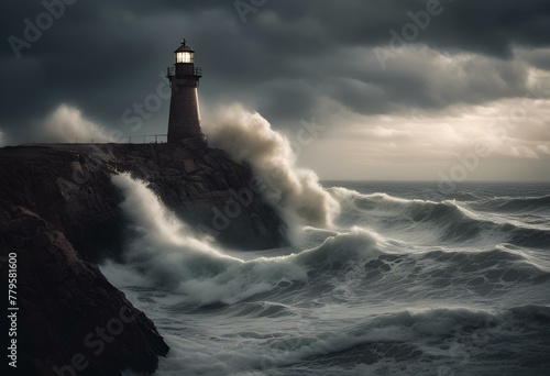 large waves crash over the rocks in front of the light house © Wirestock