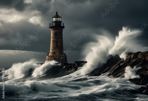 a lighthouse in the ocean with huge waves around it with a dark cloudy sky behind