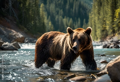 a bear that is walking in the water around rocks and trees