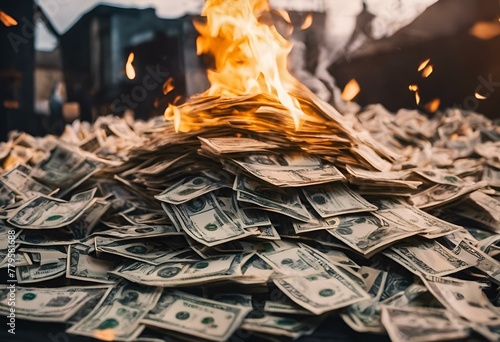 cash stacks on top of the pile with fire coming out photo