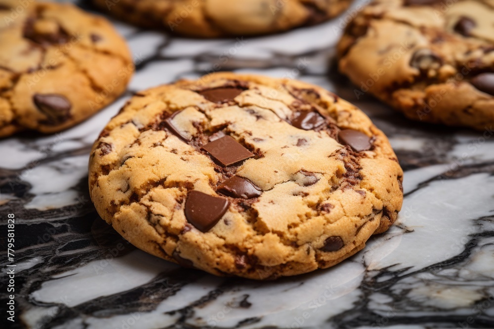 Delicious chocolate chip cookies on a marble slab against a ceramic mosaic background Delicious chocolate chip cookies on a marble slab against a ceramic mosaic background