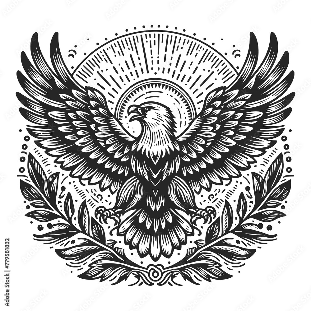 soaring eagle with spread wings, surrounded by ornamental leaves and sunburst design sketch engraving generative ai raster illustration. Scratch board imitation. Black and white image. - obrazy, fototapety, plakaty 