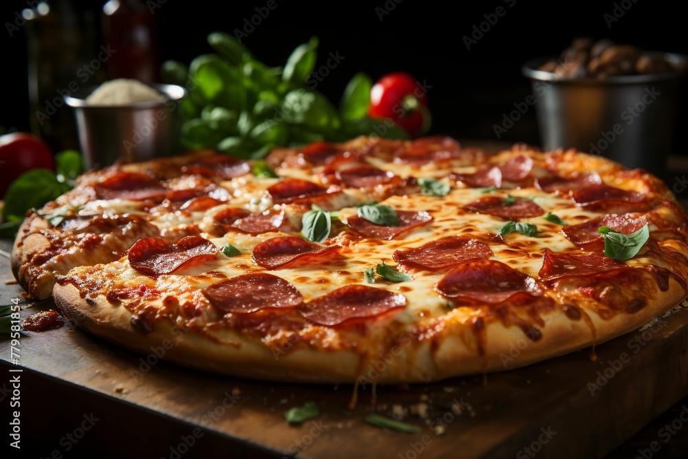 A freshly cut pepperoni pizza with fresh basil leaves on top served on a wooden cutting board