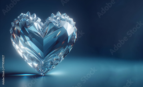 A Heart-Shaped Crystal with Soft Lighting and Shadow isolated on blue Background
