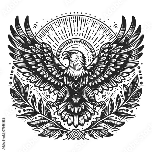 soaring eagle with spread wings, surrounded by ornamental leaves and sunburst design sketch engraving generative ai raster illustration. Scratch board imitation. Black and white image.