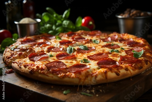 A freshly cut pepperoni pizza with fresh basil leaves on top served on a wooden cutting board