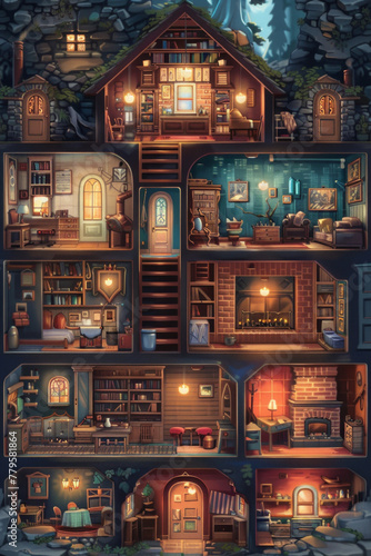 A 2D retro rpg game style of a cross-section of a house with various rooms