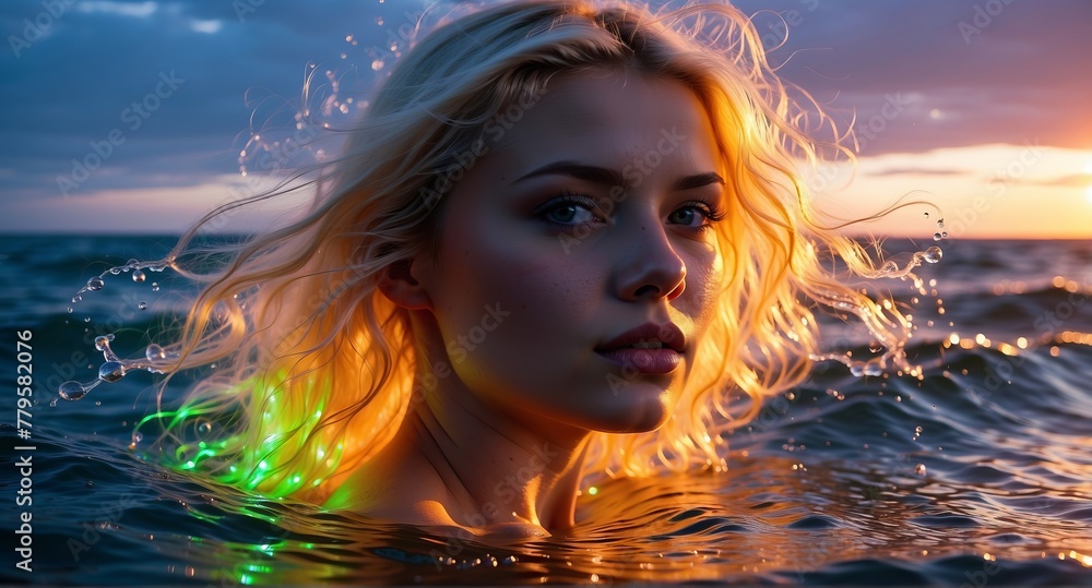 Beautiful blonde woman bathing in the sea
