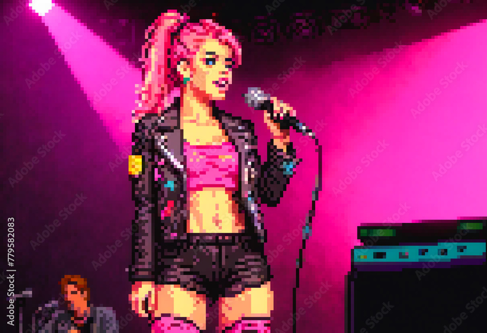 the pixel figure has a microphone in her hand on stage