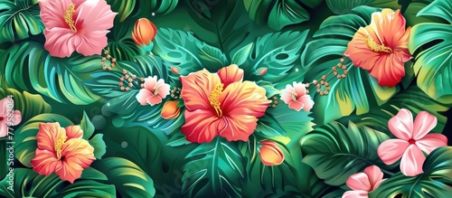A beautiful painting of tropical flowers and green leaves on a dark background, capturing the essence of the natural environment with intricate details and vibrant colors