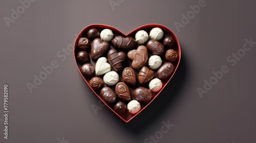 AI generated illustration of a red heart-shaped box filled with assorted chocolates