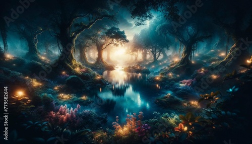 Enchanted Forest Nightfall: Magical Glow and Reflective Waters - AI Generated Digital Art