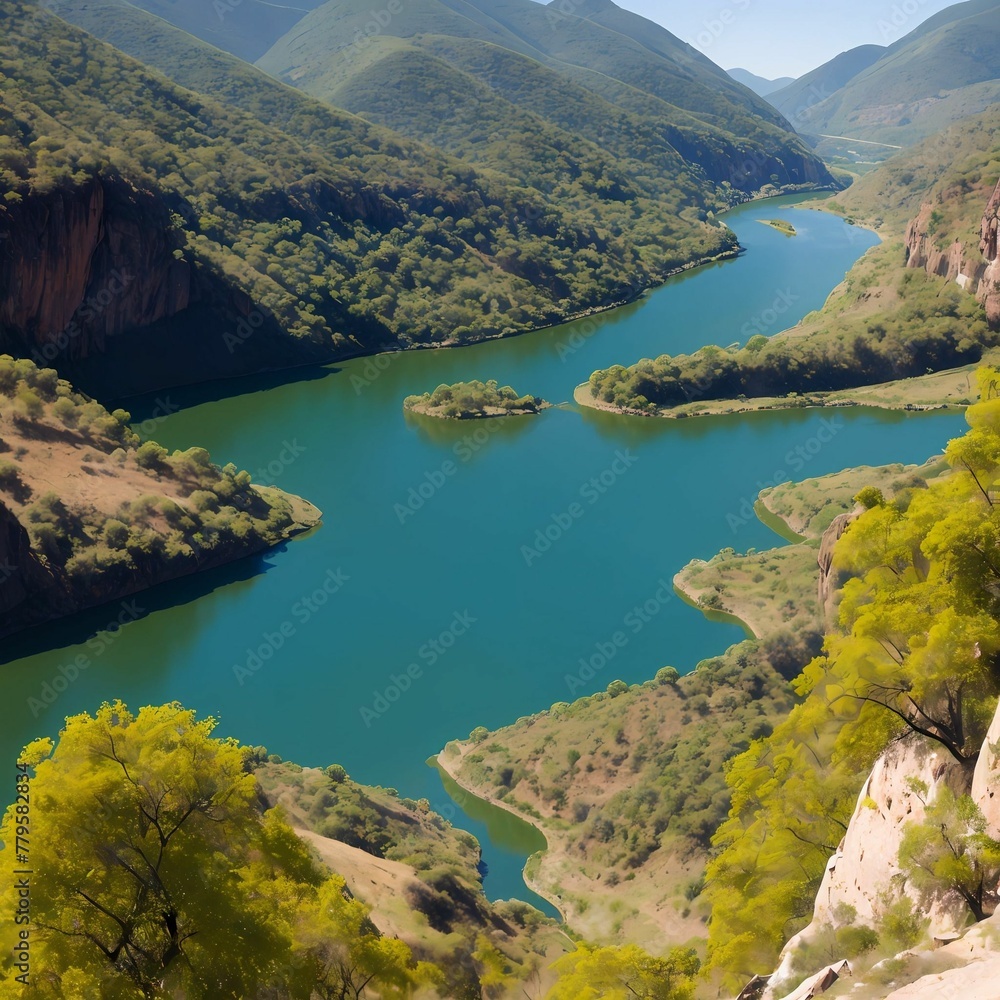 AI generated illustration of an aerial view of a river meandering through a lush green valley