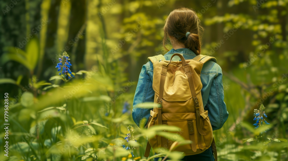 Casual Hiker with Trendy Backpack in Lush Forest - AI generated digital art