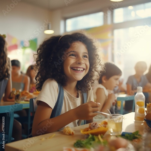 AI generated illustration of the cheerful kids sitting together in a school cafeteria eating lunch