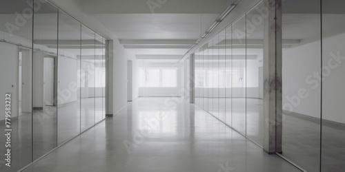 AI-generated illustration of an empty, white hall with large mirrors