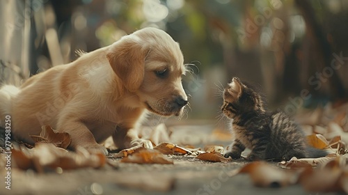 a kitten looks at a puppy laying on the ground as he stands in front of