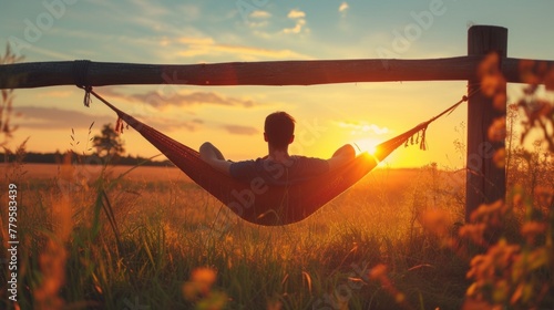 A man enjoys calm, lies in a hammock on the background of the ocean and sunset. photo