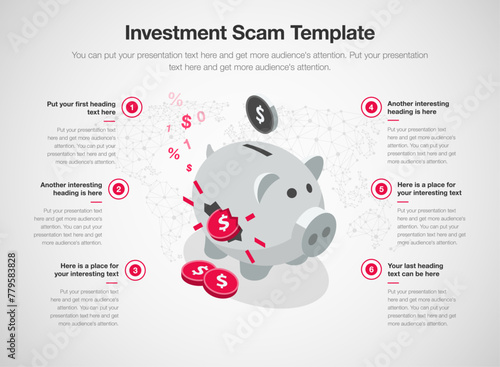 Simple infographic template for investment scam. 6 stages template with a fake piggy bank and stolen coins. photo