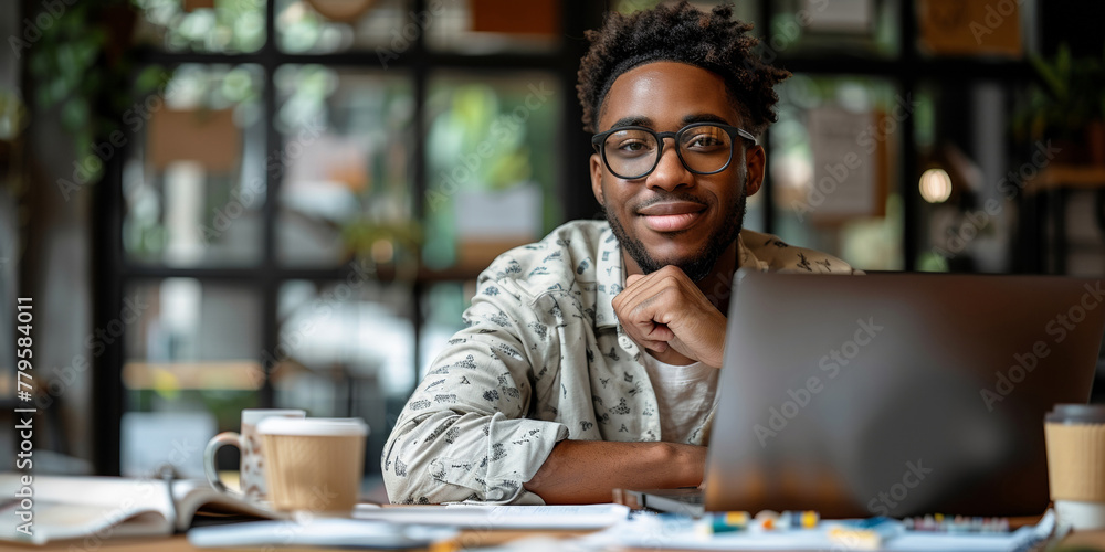 A confident and cheerful young businessman sits indoors, working on his laptop with a smile of success A confident and cheerful young businessman sits indoors, working on his laptop with a smile of success