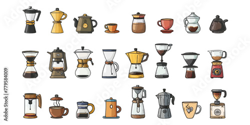 Set of coffee equipment in icon form on white background.