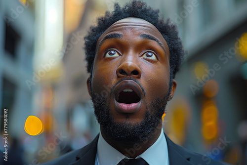 A young man shows amazement and frustration, his expression conveying shock against a urban background