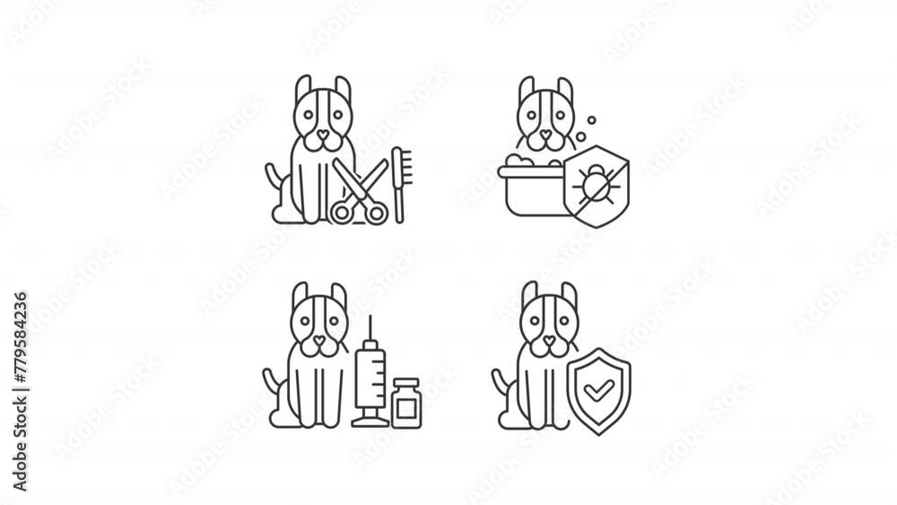 Pet care line animation library. Animated dogs icons. Pet insurance service. Veterinary medicine. Black illustrations on white background. HD video with alpha channel. Motion graphic Pet care line animation library. Animated dogs icons. Pet insurance service. Veterinary medicine. Black illustrations on white background. HD video with alpha channel. Motion graphic