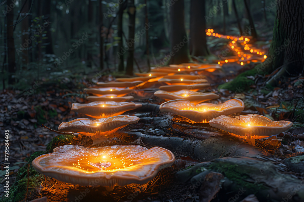 Phosphorescent mushrooms forming a glowing trail in an enchanted forest, each spore a tiny light orb