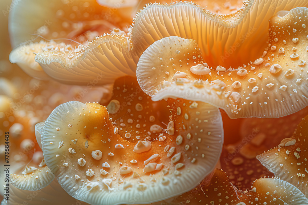 A microscopic view of a tropical mushroom, its spores becoming a bustling city for minuscule forest A microscopic view of a tropical mushroom, its spores becoming a bustling city for minuscule forest